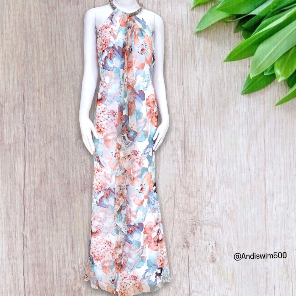Calvin Klein Floral Halter Gown with Silver Beaded Necklace; 4